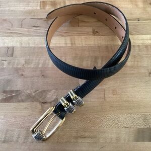BRIGHTON Vintage 1” Gold & Silver Buckle Black Faux Reptile Leather Belt S 28